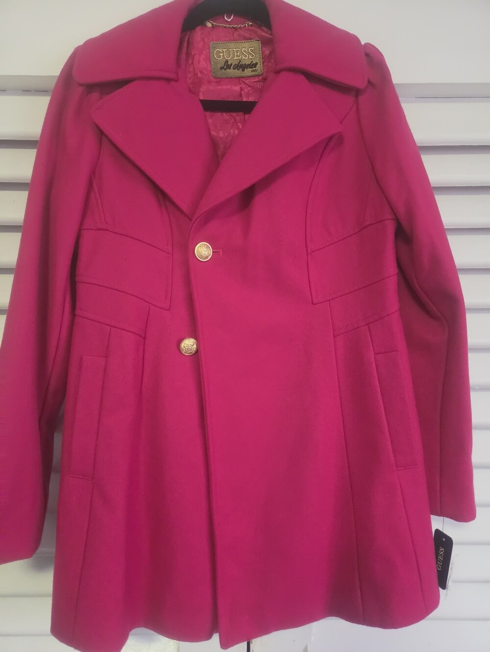 GUESS Women's Hot Pink Pea Coat with Gold Buttons